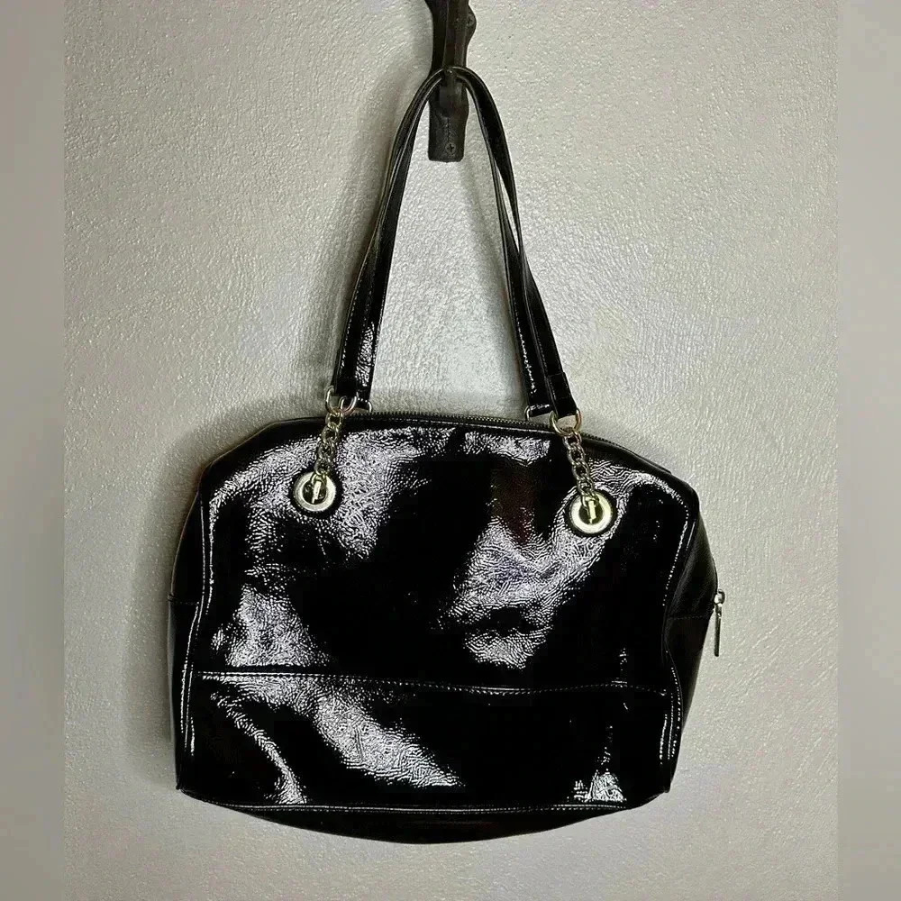 Anne Klein Patent Black Embossed Lion with Gold Accent Purse - Picture 4 of 10